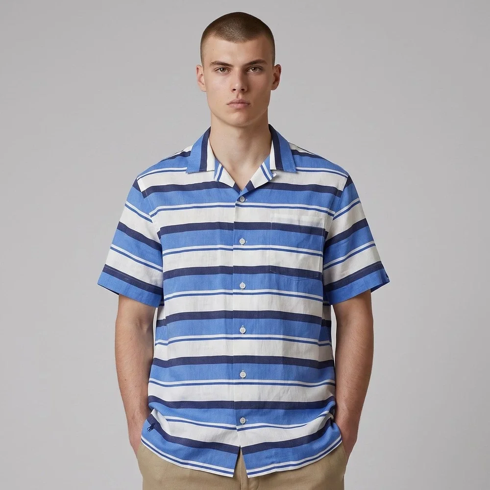 Polo Ralph Lauren Camp Shirt Mens XL Blue White Striped Linen Blend Summer